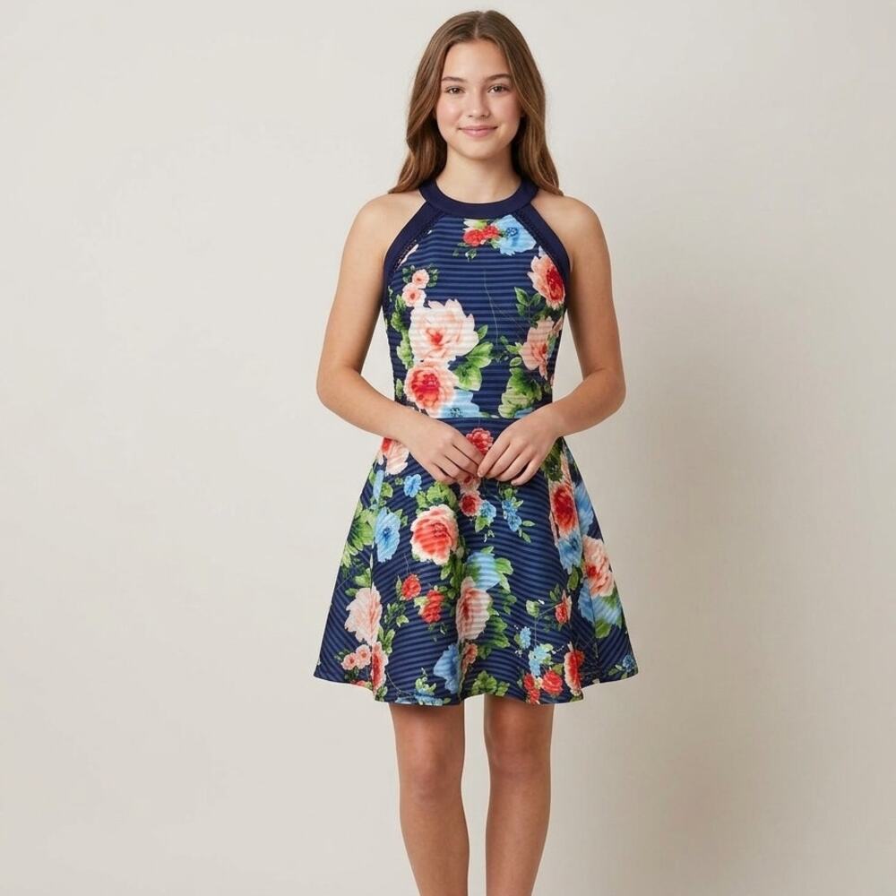 Crystal Doll Navy Floral A-Line Mini Dress Size 0 High Neck Fit & Flare Skater 0